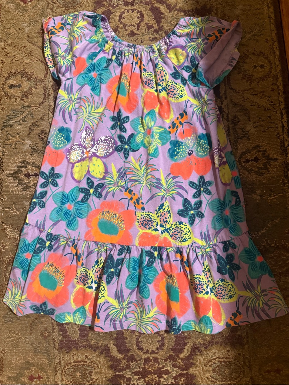 Tea Collection Purple Floral Ruffle-Hem Dress with Teal & Orange Accents